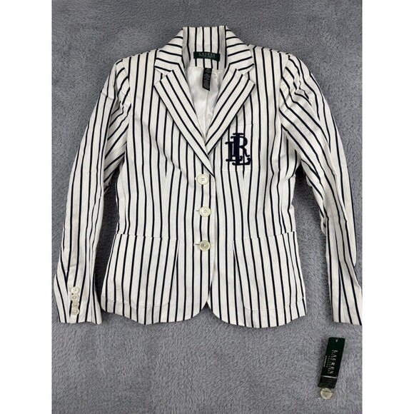 Lauren Ralph Lauren Jackets & Blazers - Lauren Ralph Lauren White Blazer with Navy Pinstripes and Embroidered Logo